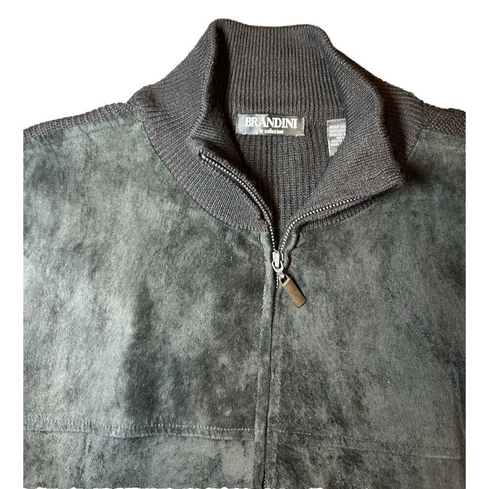 Brandini Black Suede Leather Merino Wool Full Zip Sweater Jacket Mens Size Large - Picture 4 of 8